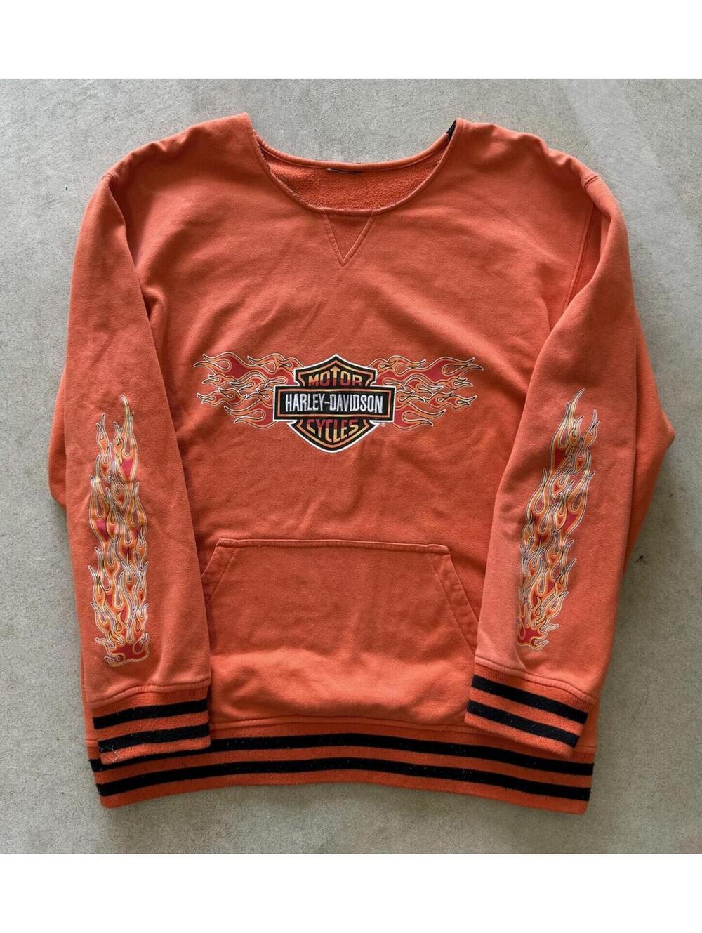 Vintage Harley-Davidson Flame Sweatshirt Cutoff Hoodie Orange – Y2K Style